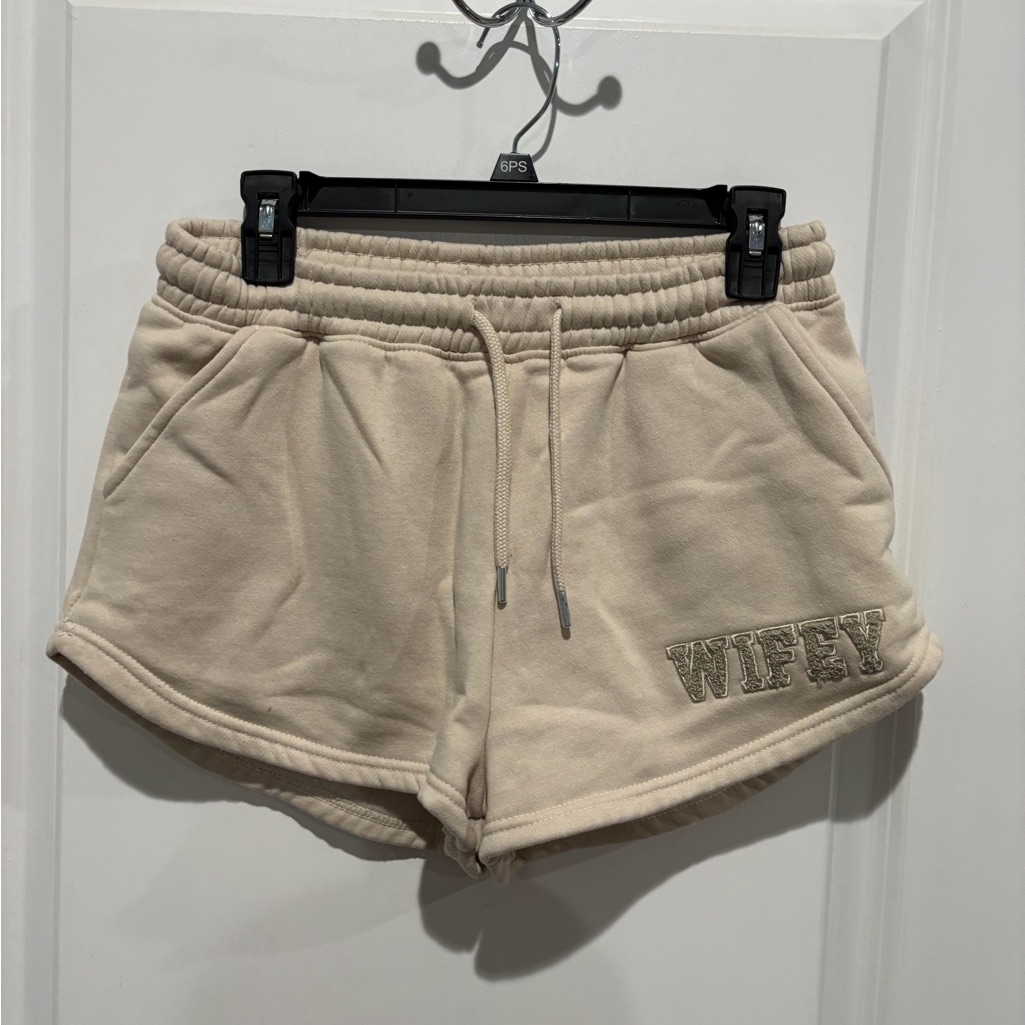 Six Stories Wifey Embroidered Drawstring Knit Shorts - Cream, Sz S
